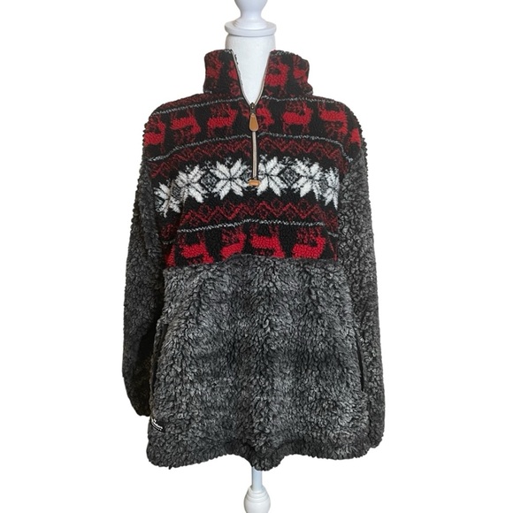 Simply Southern Red Gray Sherpa Pullover Deer Snowflakes Medium Warm Winter - Picture 1 of 14
